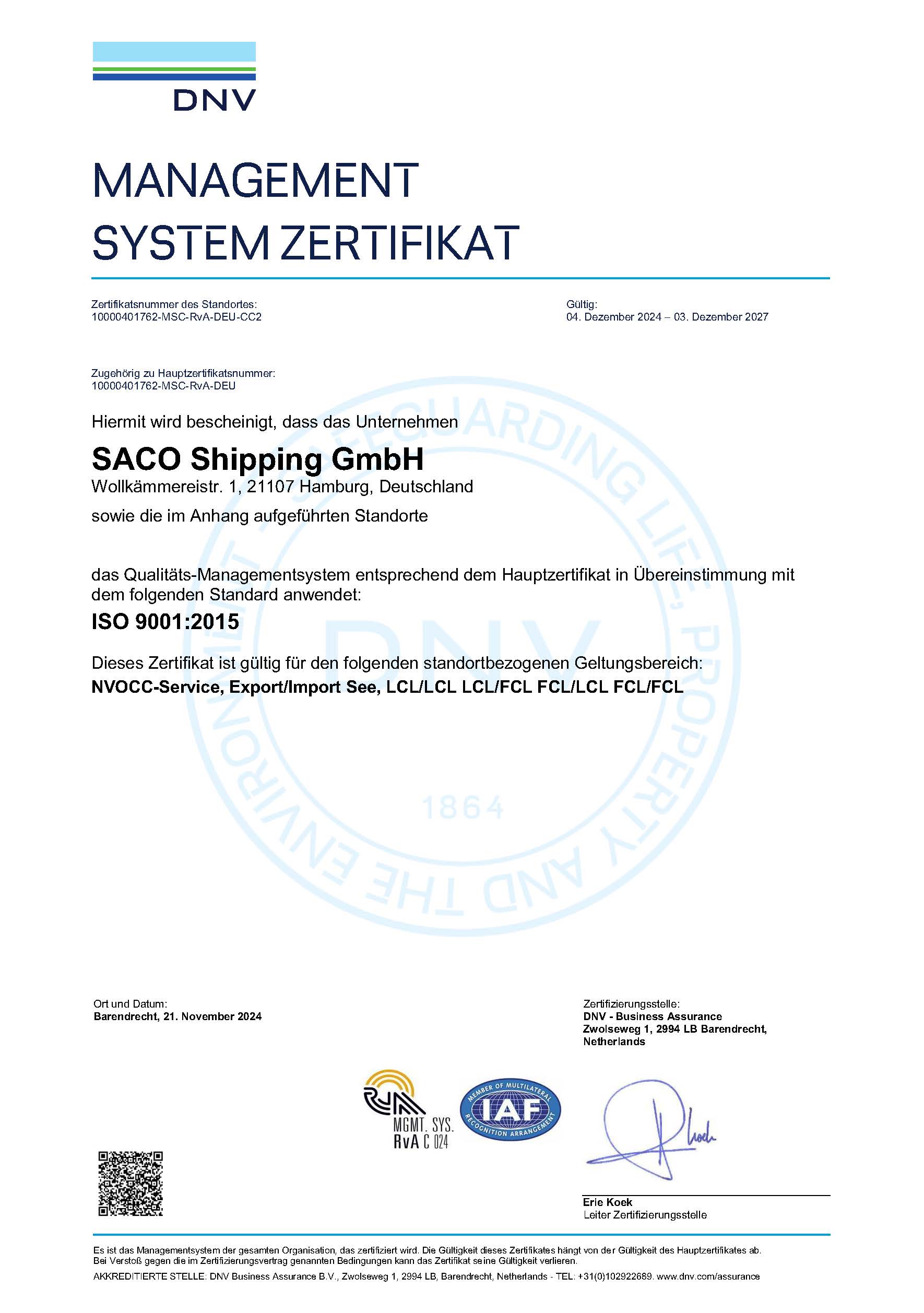 SACO ISO 9001 ZERTIFIKAT